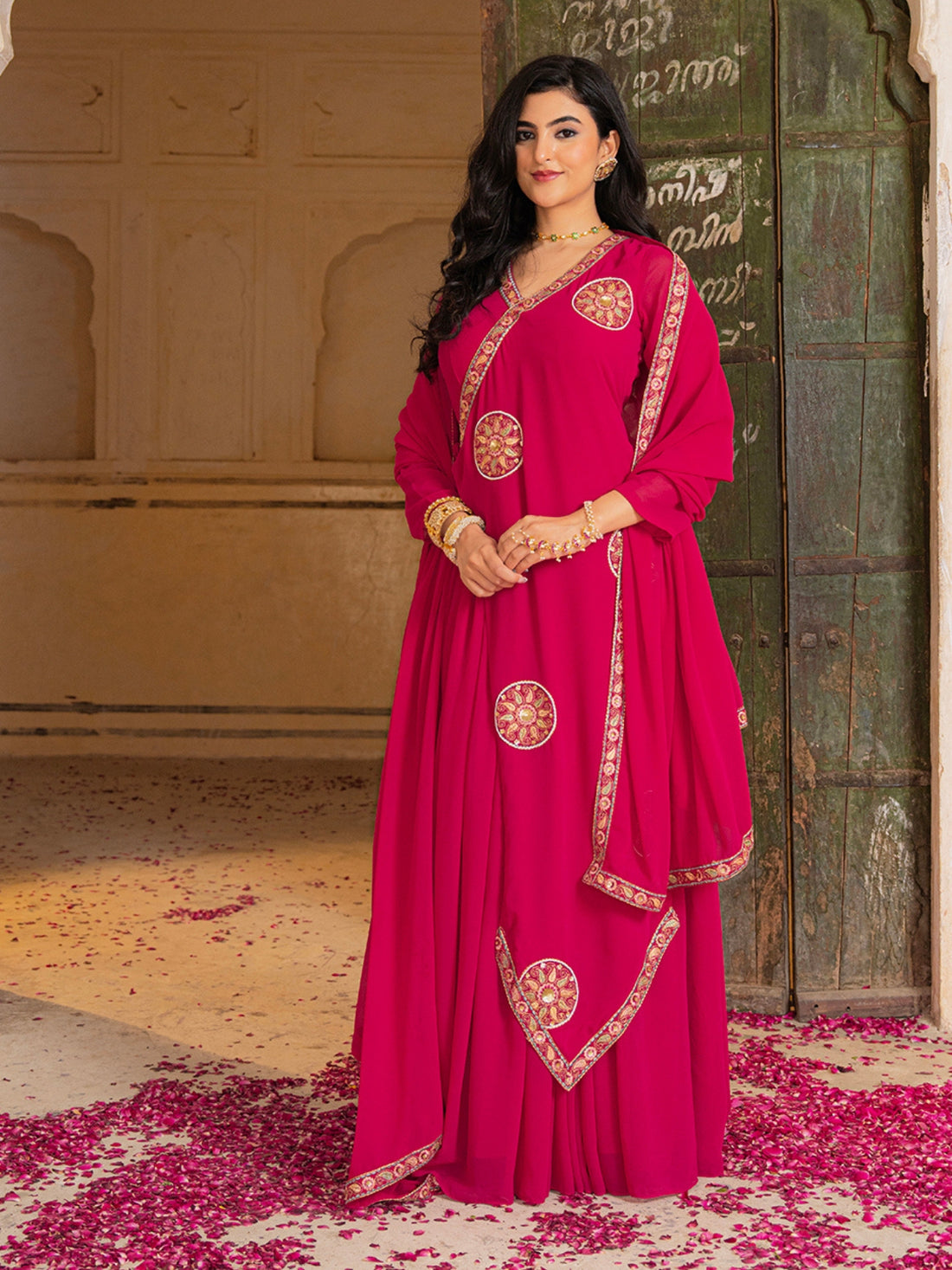 Rani Pink Georgette Embroidered Anarkali with Dupatta