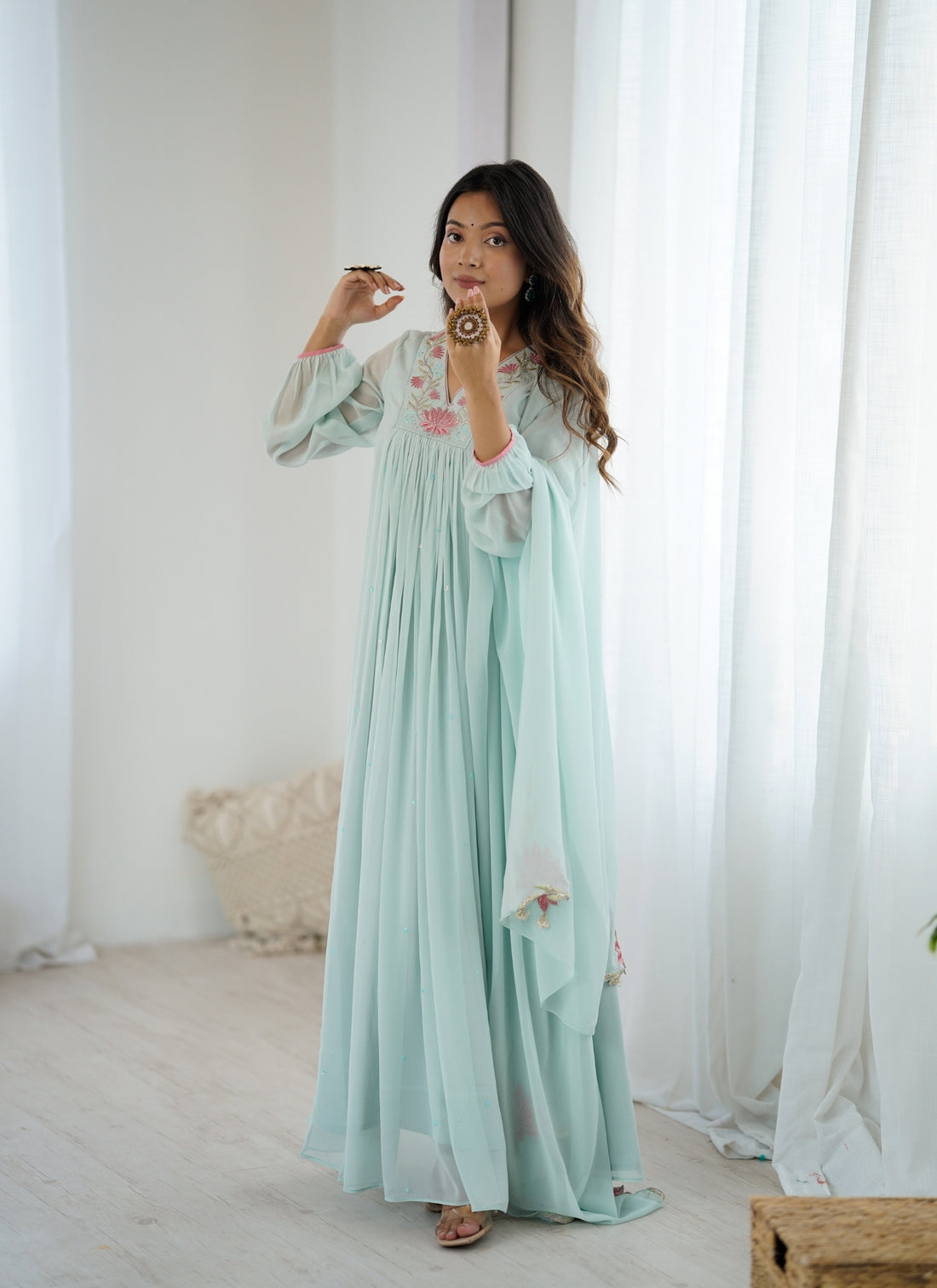 Pastel Mint Green Embroidered Anarkali Gown for Women