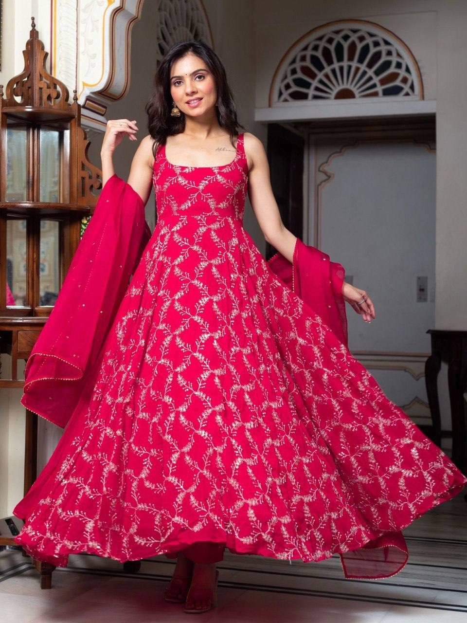 Red Faux Georgette Anarkali Sharara Suit Set for Women