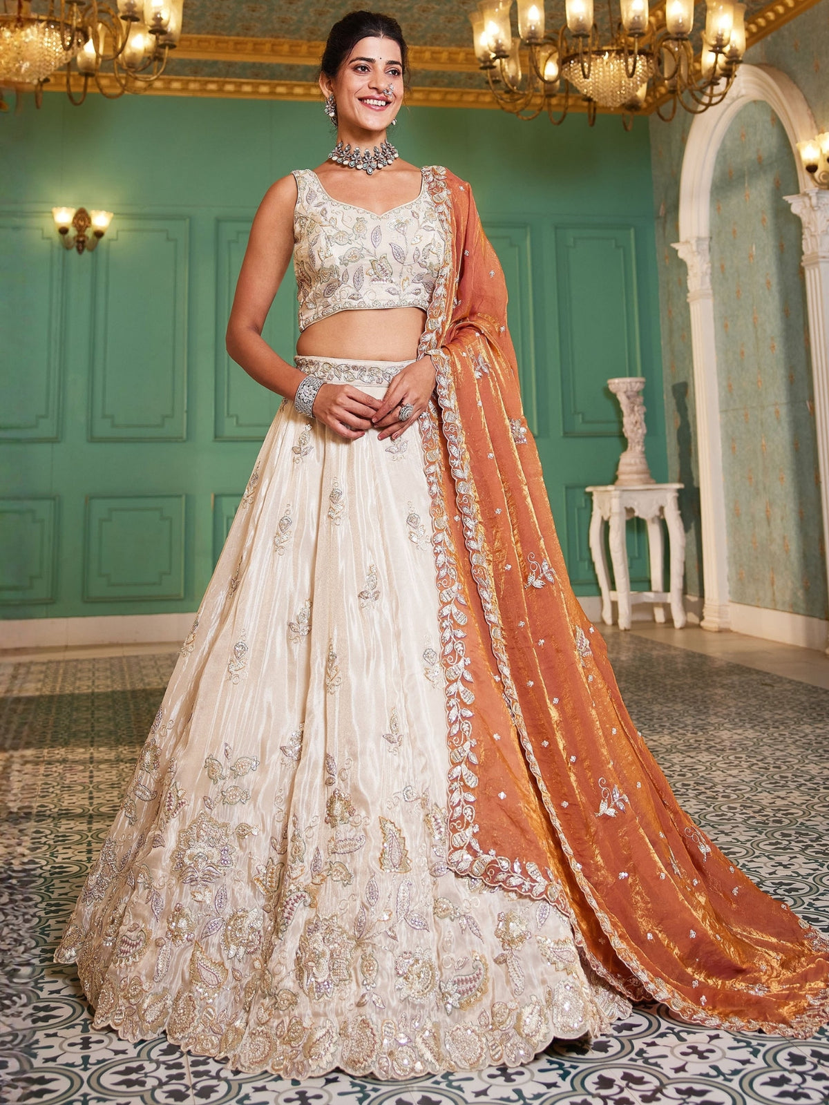 Ivory Gold Embroidered Bridal Lehenga Choli with Rust Orange Dupatta