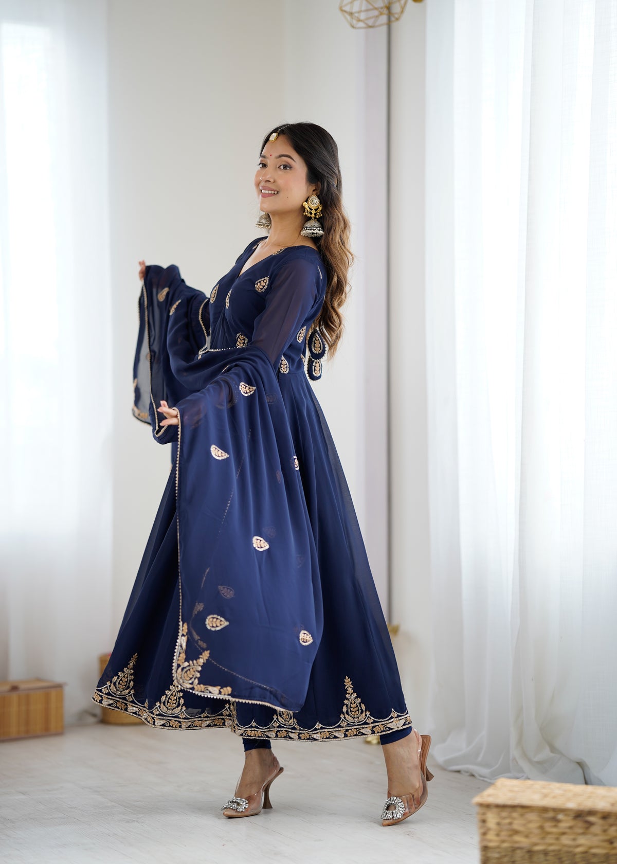 Navy Blue Anarkali Suit with Golden Embroidered Border and Dupatta