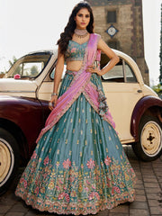 ROYAL TEAL BLUE RANGOLI SILK LEHENGA SET