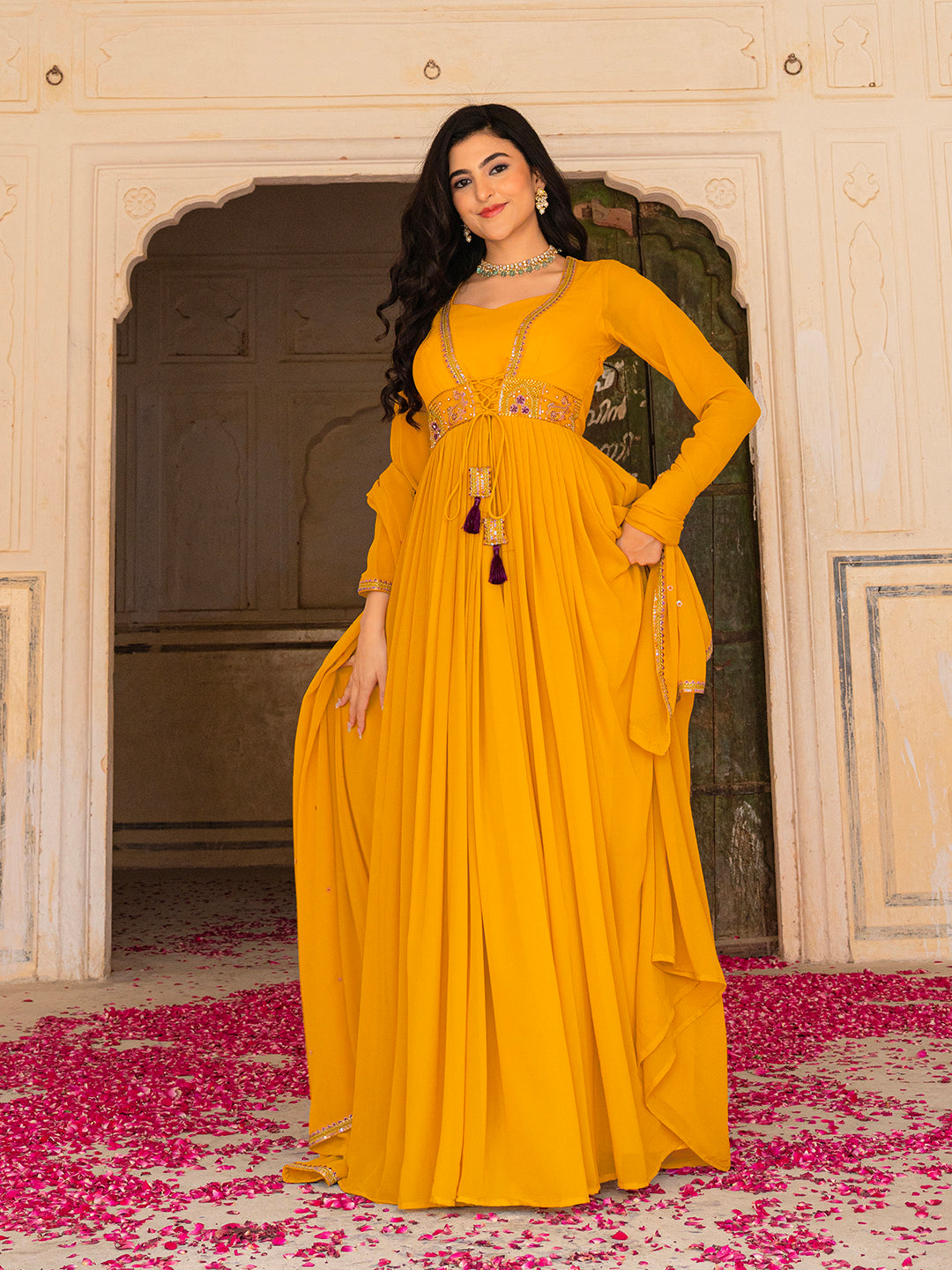 Mustard Yellow Anarkali Gown with Embroidered Waistline and Matching Dupatta