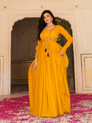 Mustard Yellow Anarkali Gown with Embroidered Waistline and Matching Dupatta