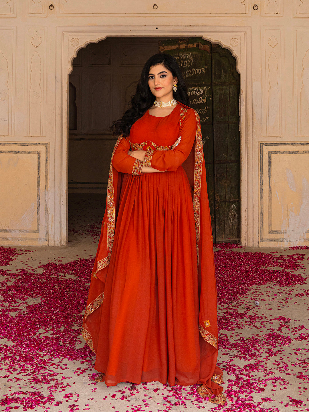 Rust Orange Anarkali Gown with Gold Embroidery and Matching Dupatta