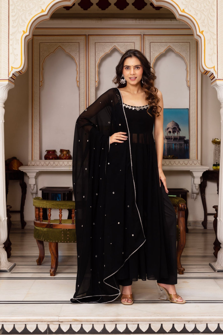 Black Hand Mirror Work Anarkali Set