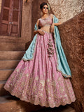 Pink Embroidered Lehenga Choli with Aqua Blue Dupatta – Bridal Party Wear Set