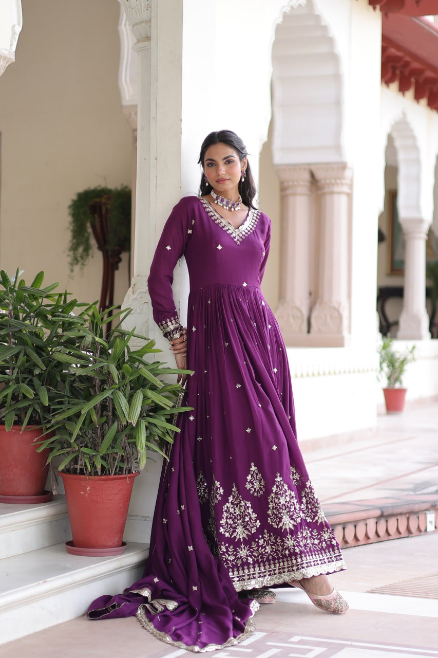 Luxury Sequins Embroidered Vichitra Silk Gown Set