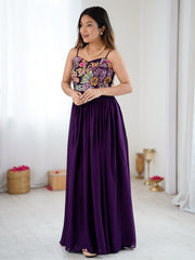 Purple Floral Embroidered Strappy Maxi Gown