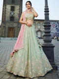 Pastel Mint Green Embroidered Bridal Lehenga Choli with Pink Dupatta