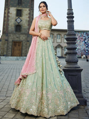 Pastel Mint Green Embroidered Bridal Lehenga Choli with Pink Dupatta