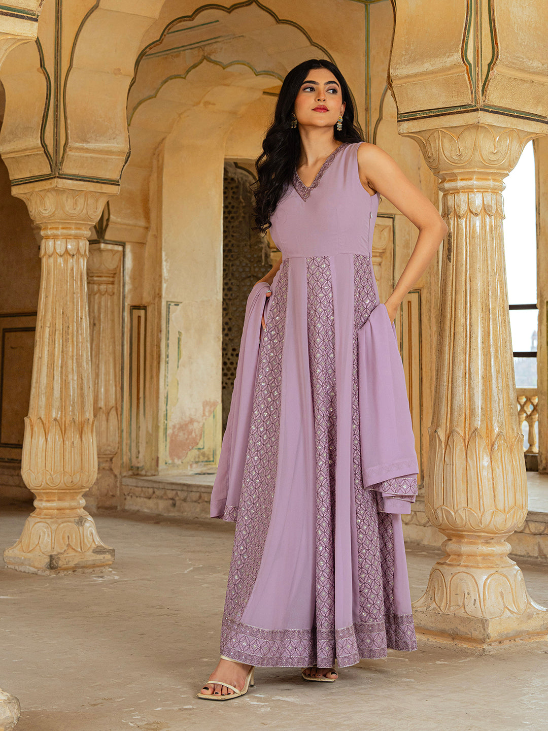 Lilac Georgette Embroidered Anarkali Gown with Dupatta