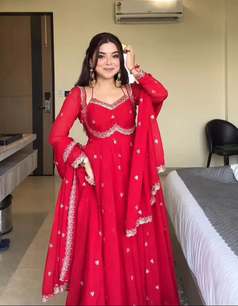 Red Chilli Slit Anarkali Premium Suit Set | Festive & Party Wear