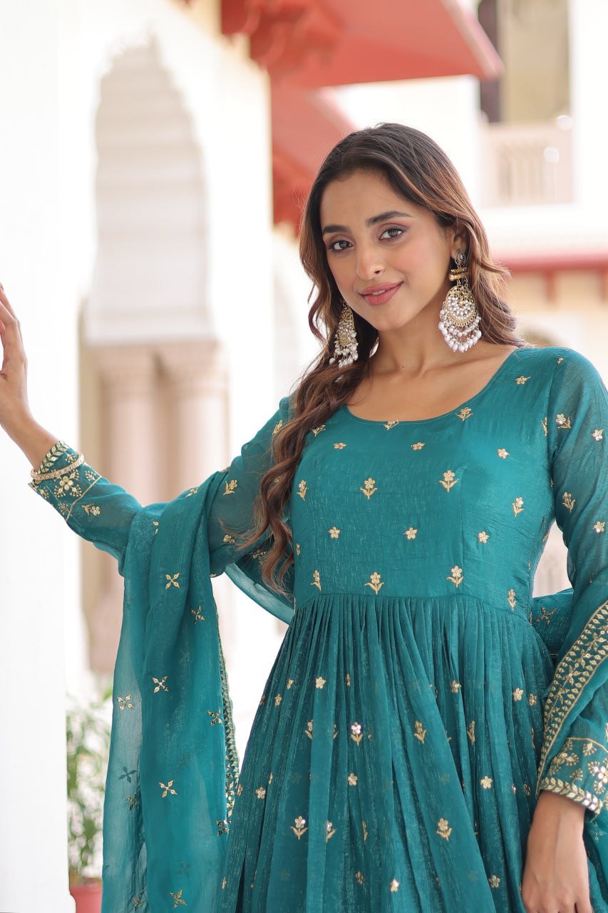 ✨ Elegant Silver Sequins Embroidered Gown with Dupatta ✨