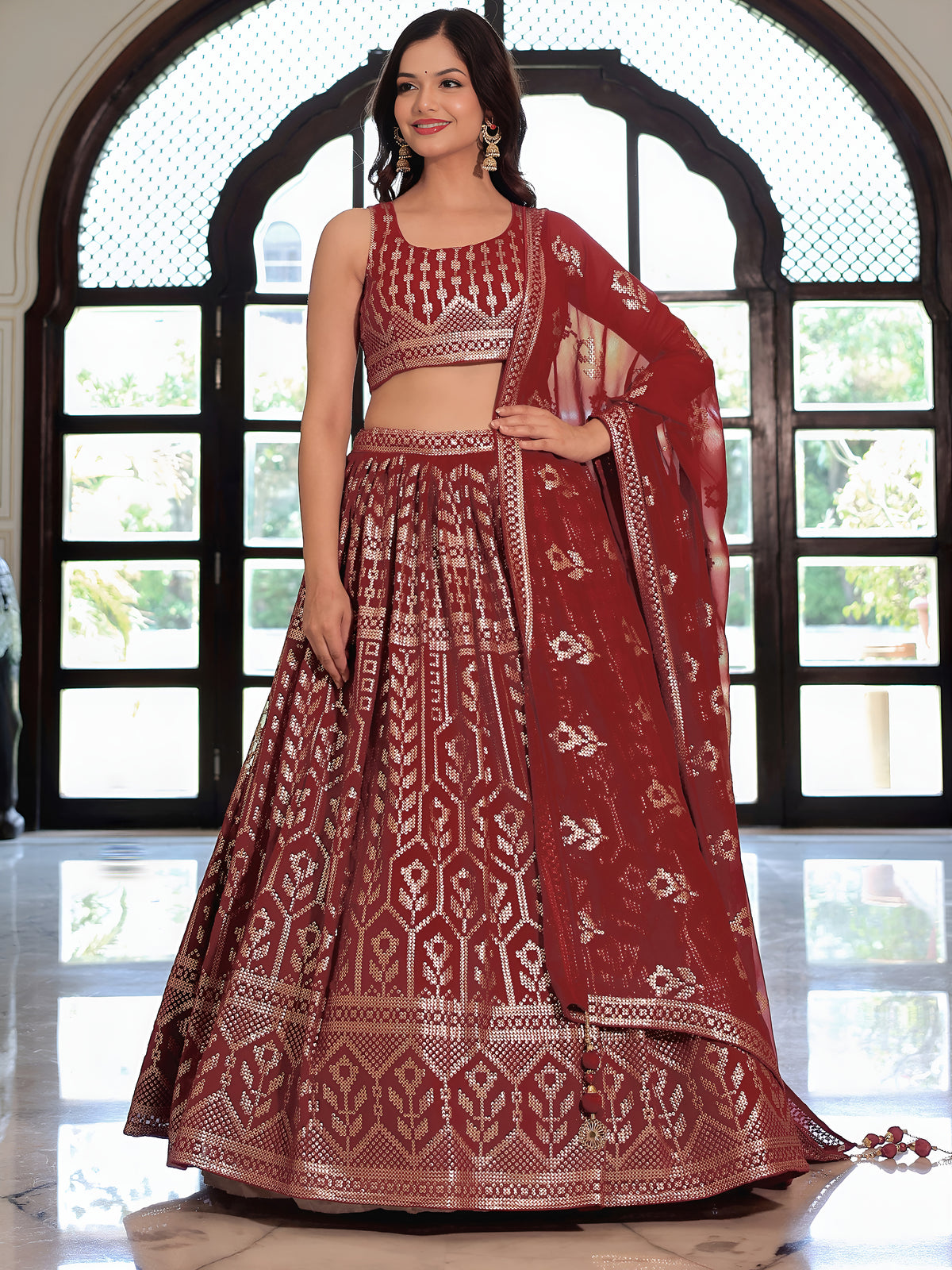 Maroon Geometric Embroidered Lehenga Choli with Matching Dupatta