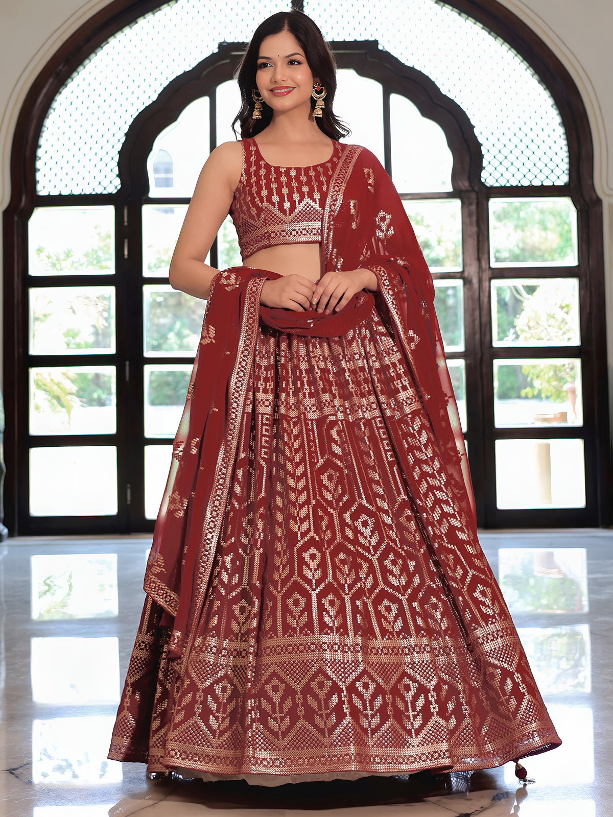 Maroon Geometric Embroidered Lehenga Choli with Matching Dupatta