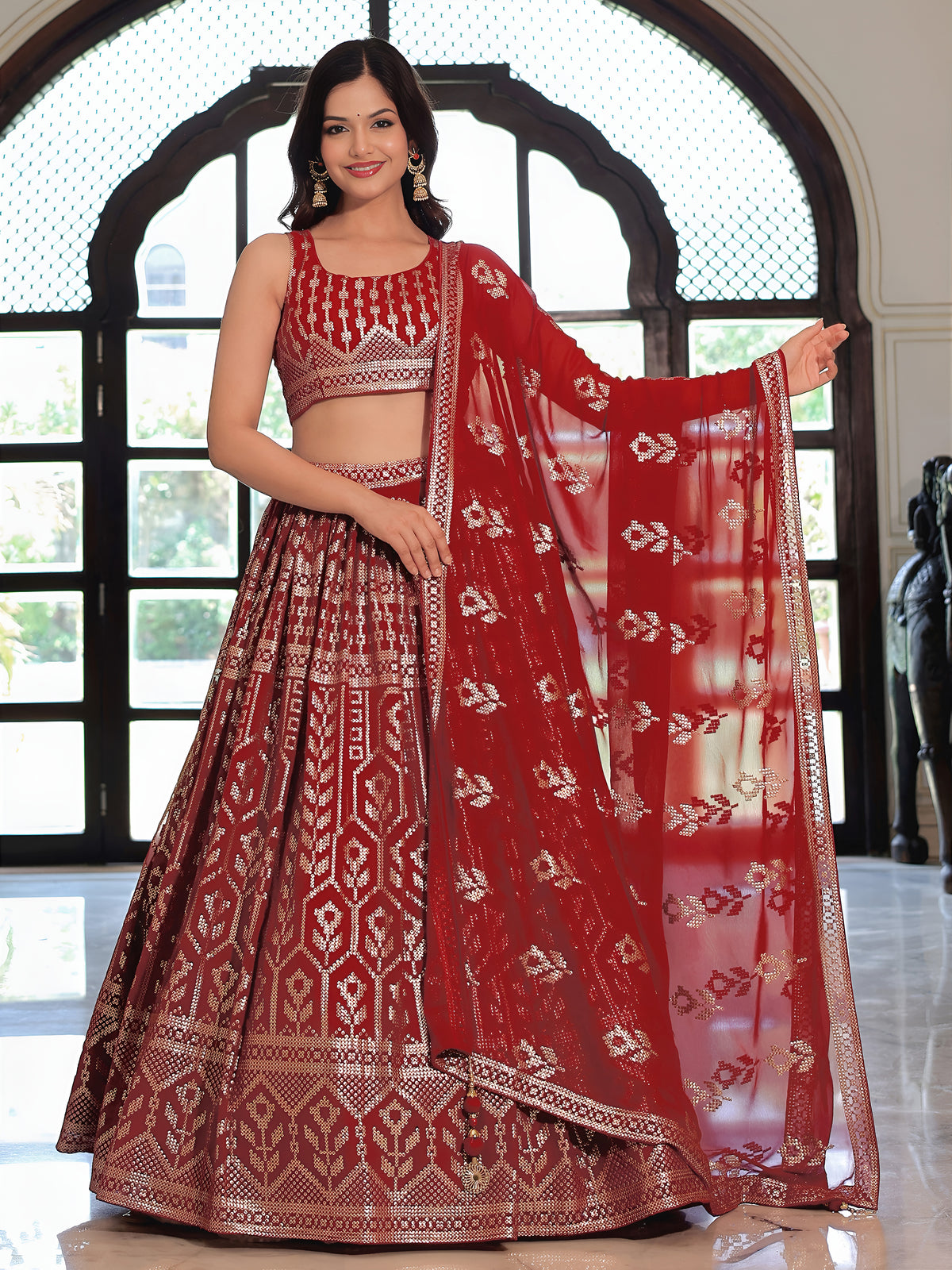 Maroon Geometric Embroidered Lehenga Choli with Matching Dupatta