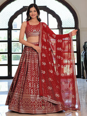 Maroon Geometric Embroidered Lehenga Choli with Matching Dupatta