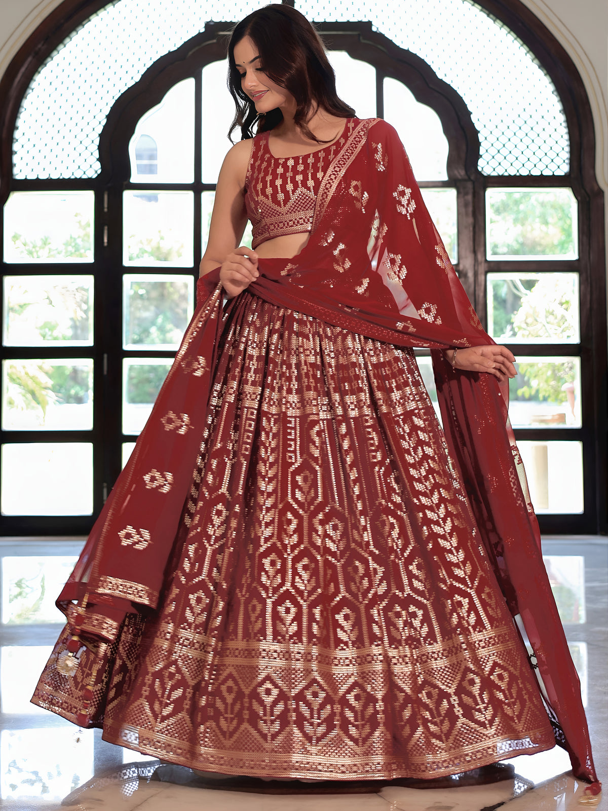 Maroon Geometric Embroidered Lehenga Choli with Matching Dupatta