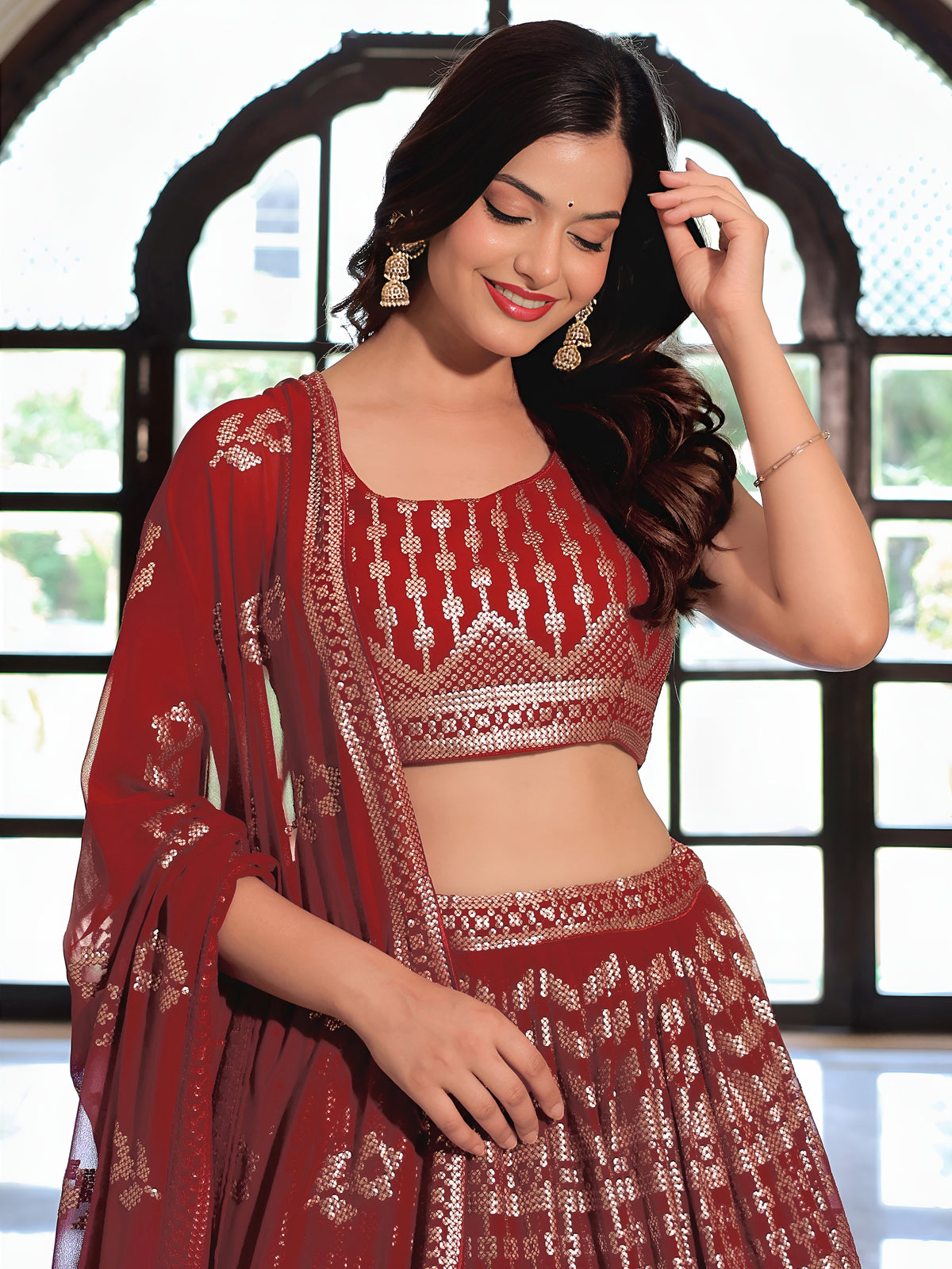 Maroon Geometric Embroidered Lehenga Choli with Matching Dupatta