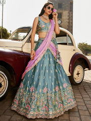 ROYAL TEAL BLUE RANGOLI SILK LEHENGA SET