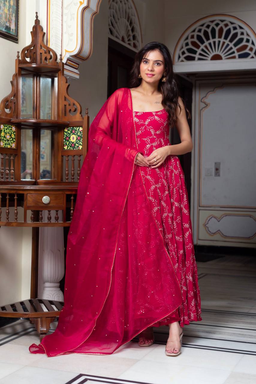 Red Faux Georgette Anarkali Sharara Suit Set for Women