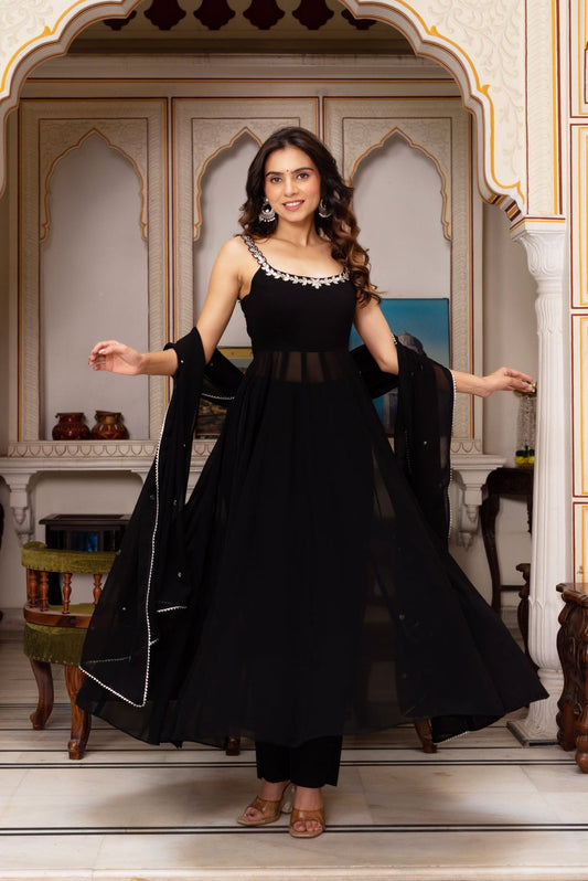 Black Hand Mirror Work Anarkali Set