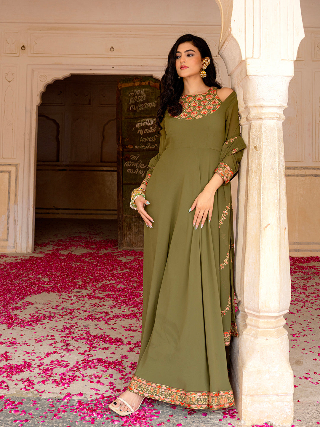 Olive Green Georgette Embroidered Anarkali with Dupatta