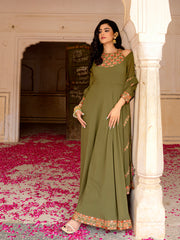 Olive Green Georgette Embroidered Anarkali with Dupatta