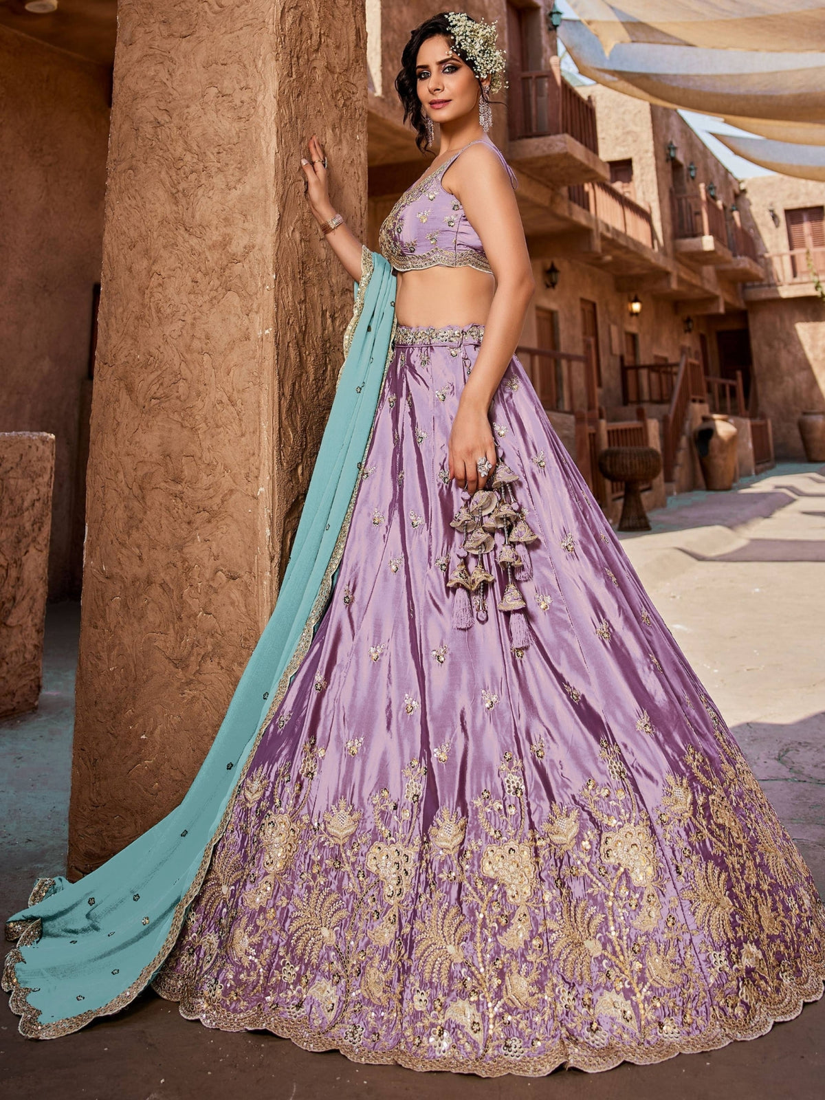 Lavender Embroidered Lehenga Choli with Aqua Blue Dupatta