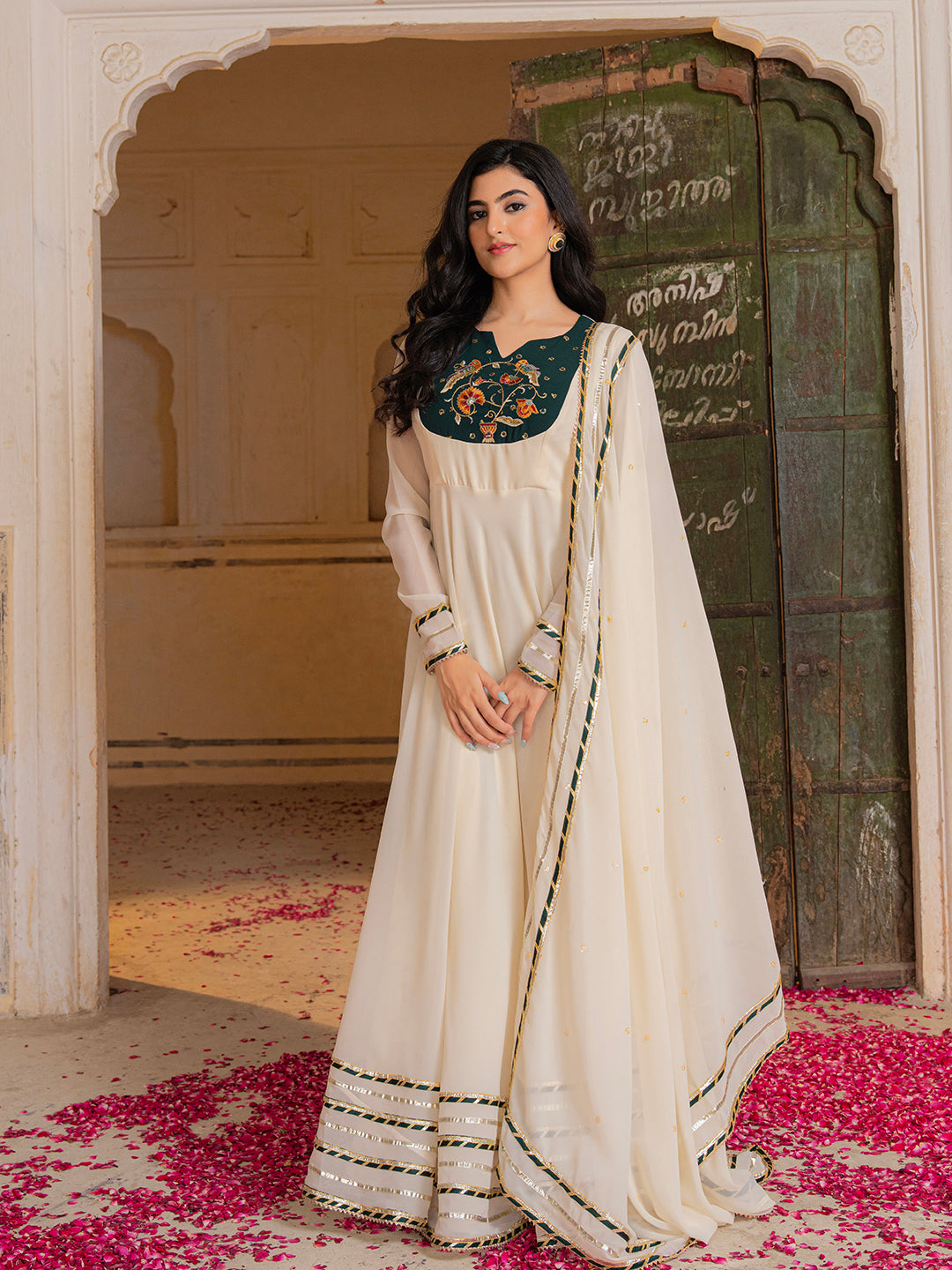 Ivory Georgette Embroidered Anarkali with Dupatta