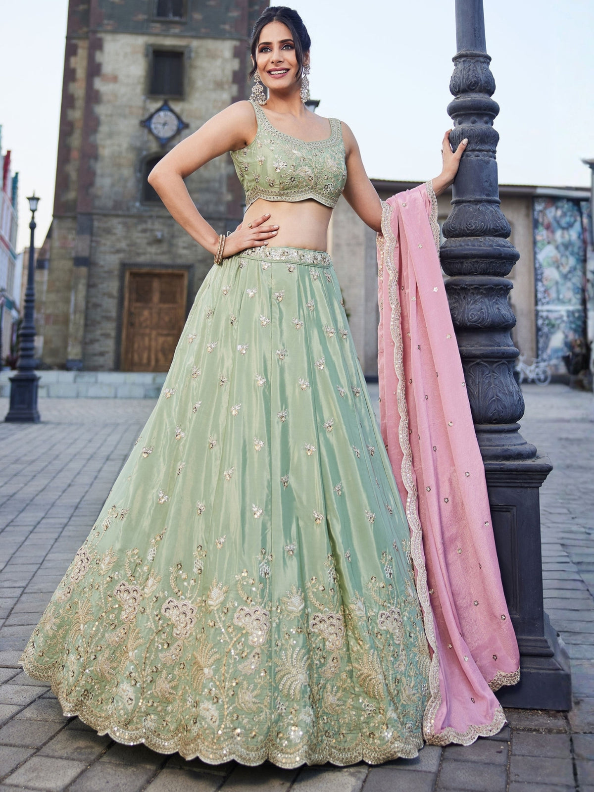 Pastel Mint Green Embroidered Bridal Lehenga Choli with Pink Dupatta