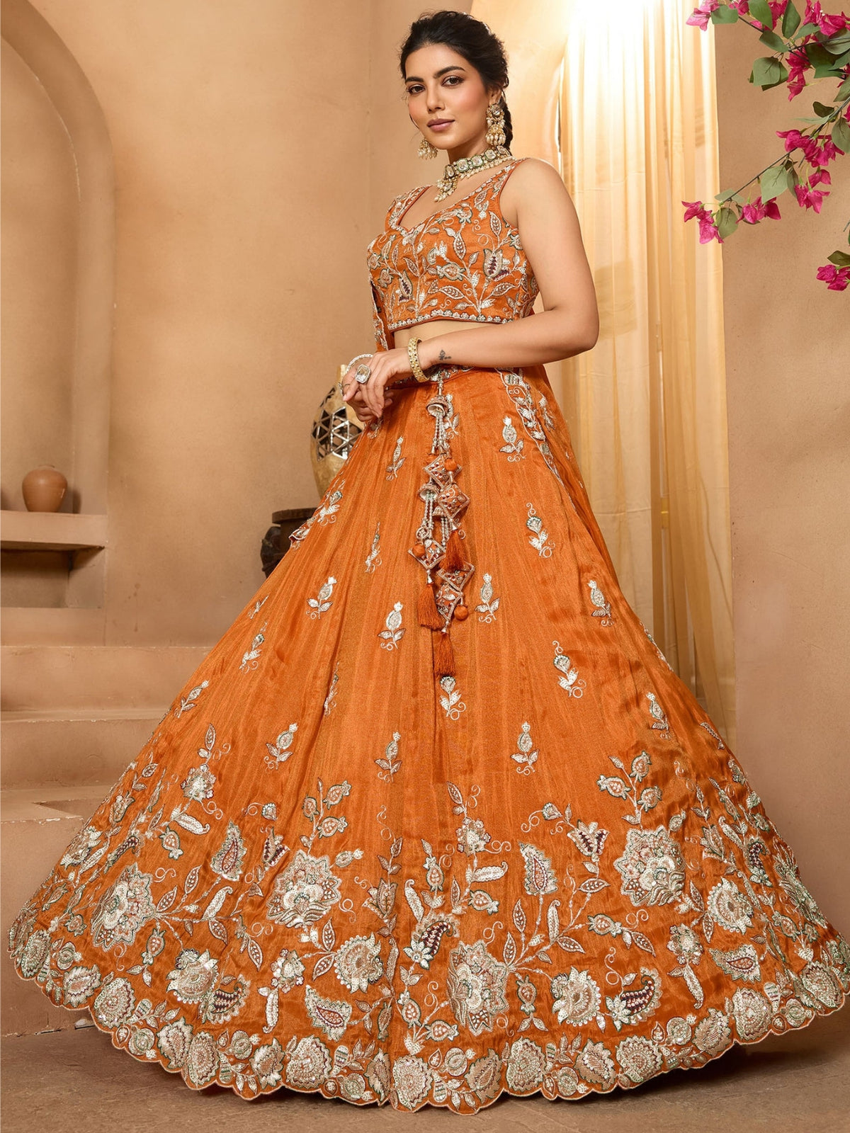 ROYAL ORANGE PURE TISSUE LEHENGA SET