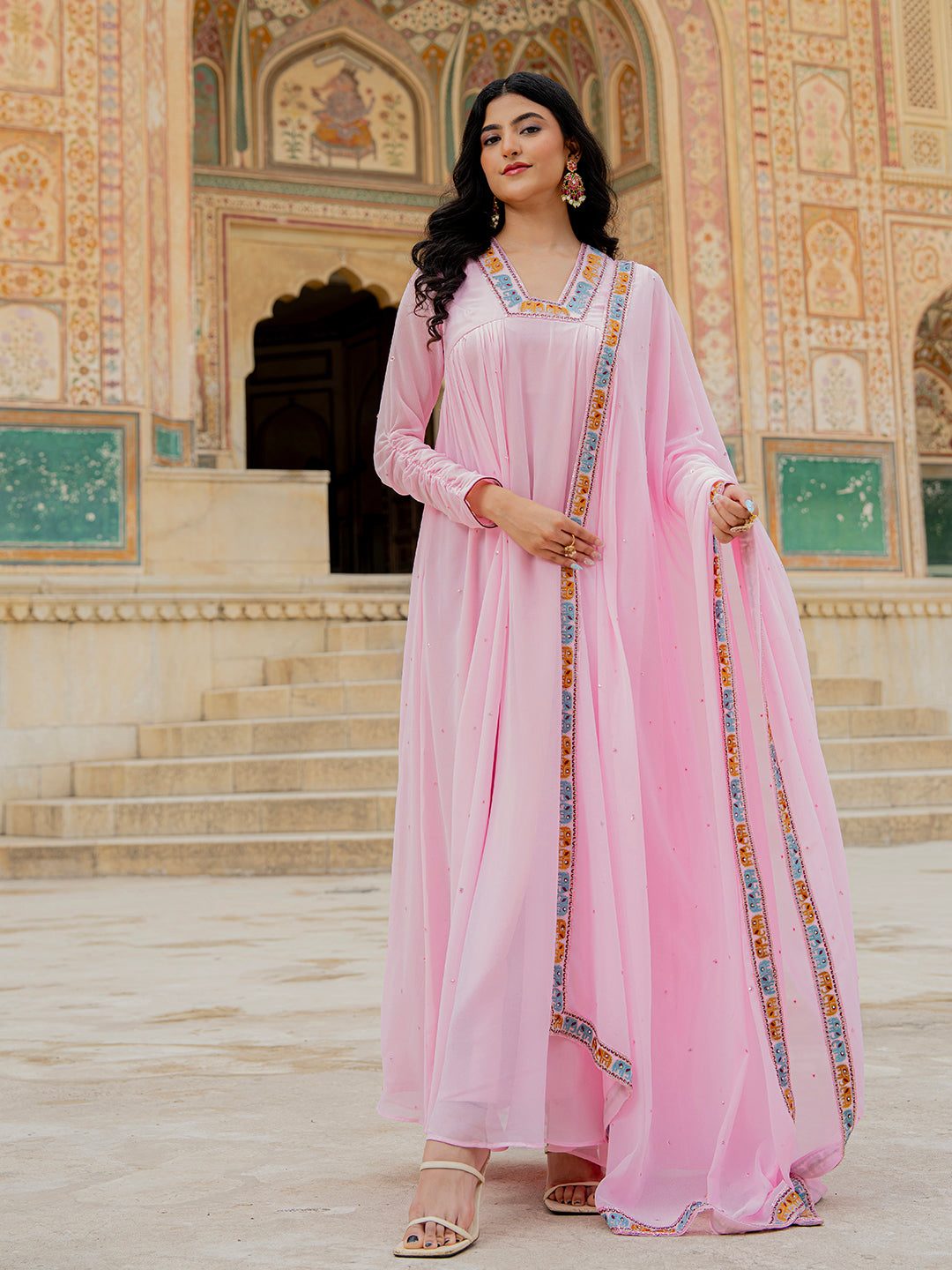 Pastel Pink Embroidered Anarkali Suit with Designer Dupatta