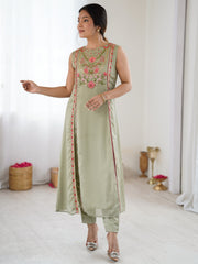 Green Embroidered Straight Kurta Set with Pink Floral Work