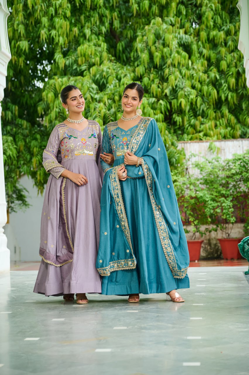 Graceful Sequins & Zari Embroidered Vichitra Silk Gown