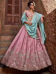 Pink Embroidered Lehenga Choli with Aqua Blue Dupatta – Bridal Party Wear Set