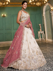 Ivory Gold Embroidered Bridal Lehenga Choli with Dusty Rose Dupatta