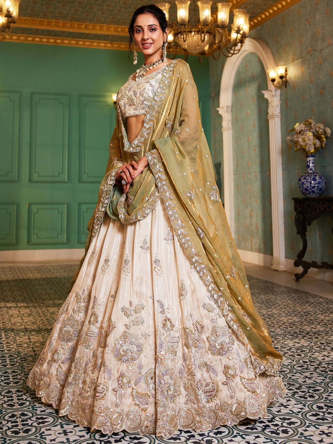 Ivory Gold Embroidered Bridal Lehenga Choli with Olive Green Dupatta