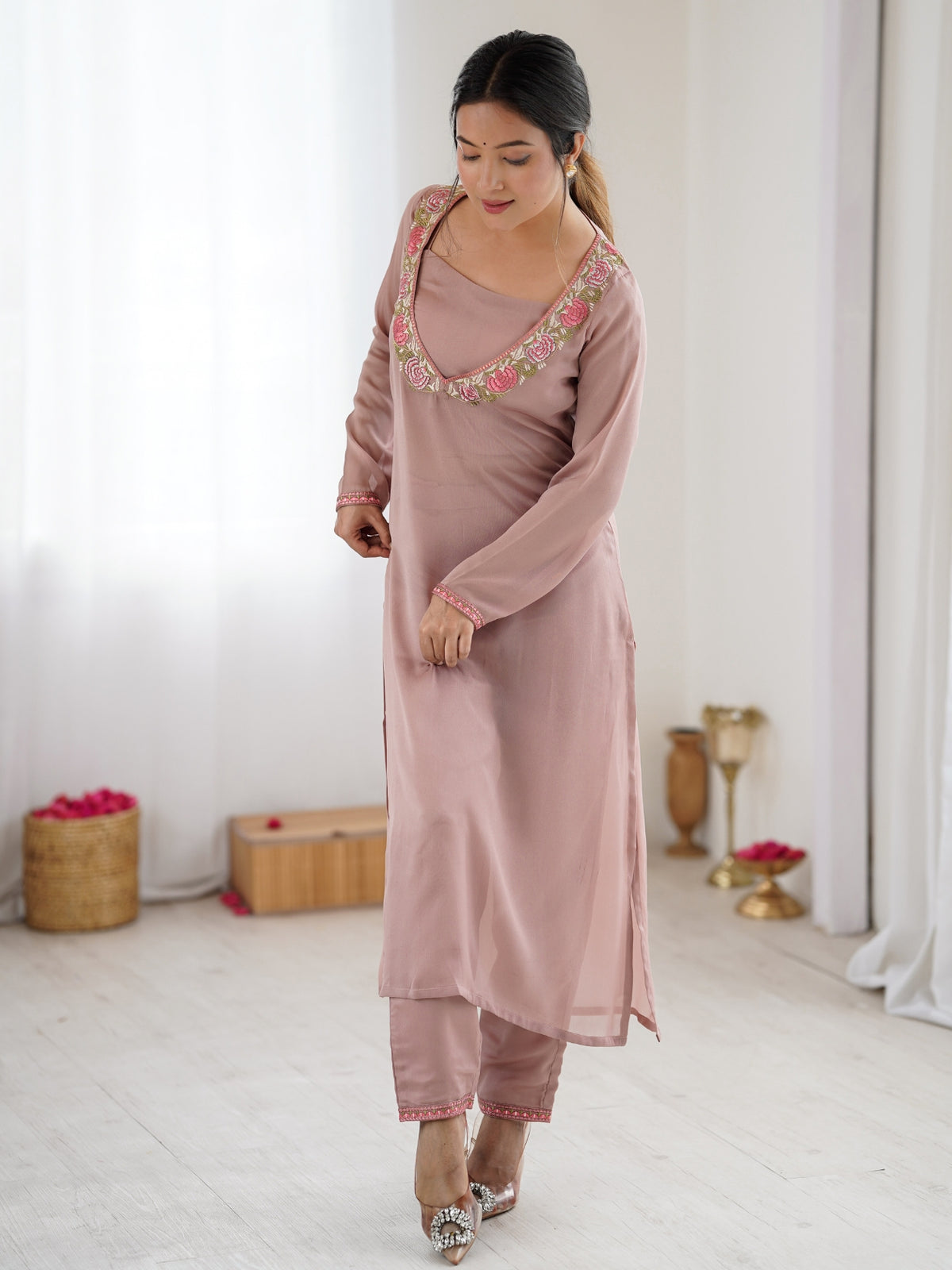 Dusty Pink Embroidered Straight Kurta Pant Set