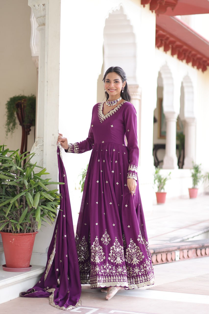 Luxury Sequins Embroidered Vichitra Silk Gown Set