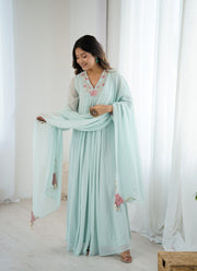 Pastel Mint Green Embroidered Anarkali Gown for Women