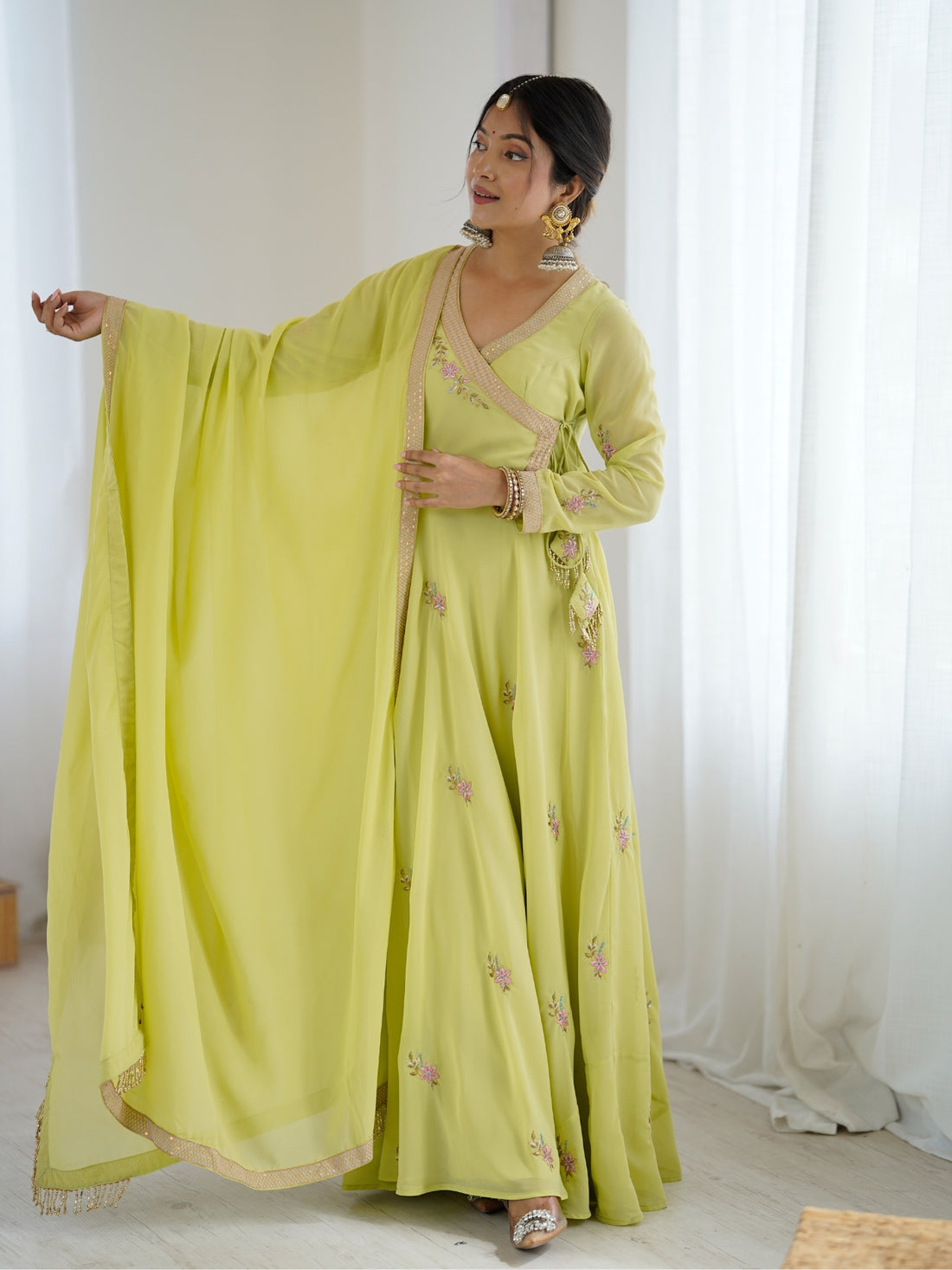 Lime Green Embroidered Anarkali Suit with Dupatta for Women
