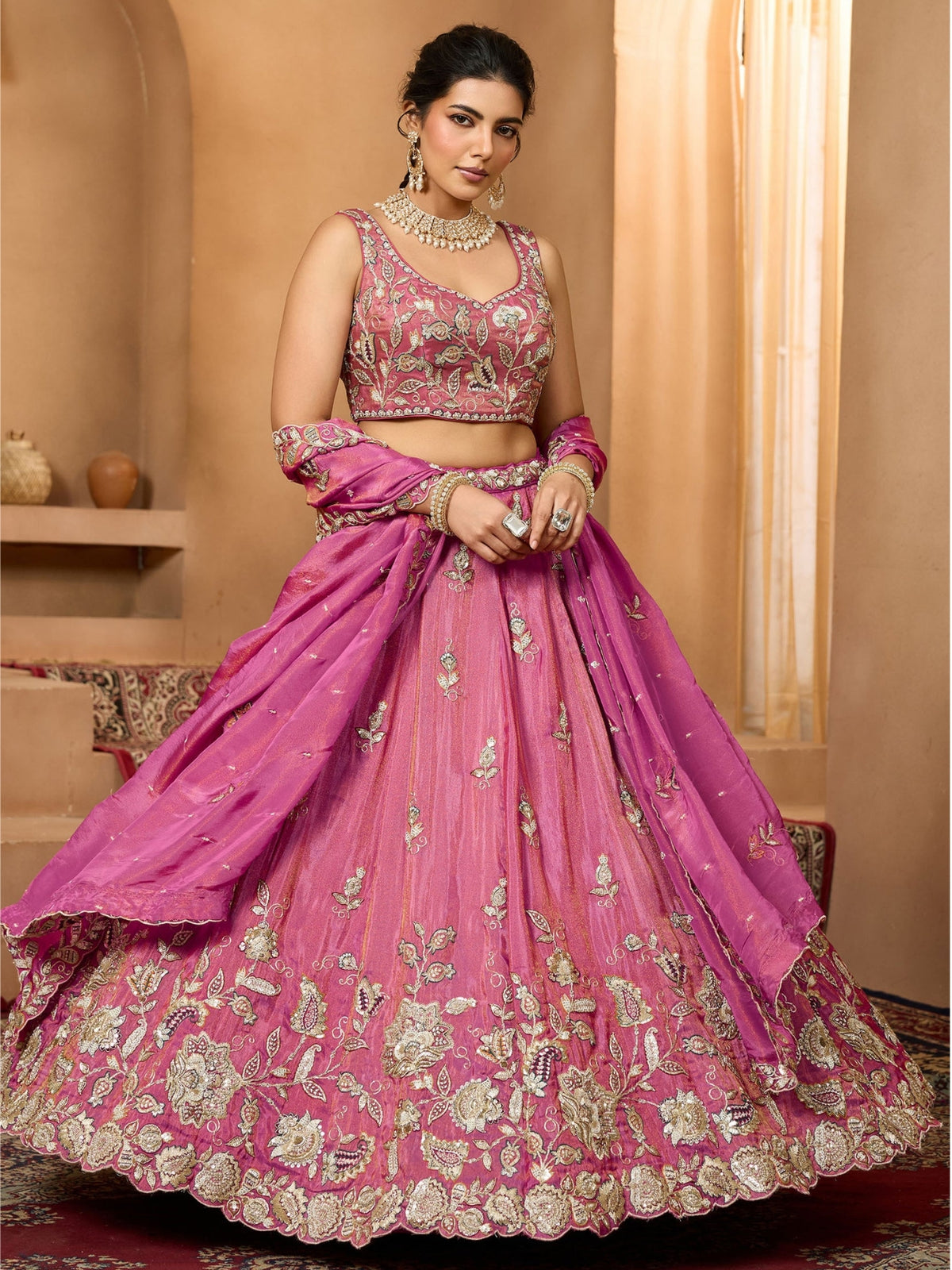 ROYAL RANI PINK PURE TISSUE LEHENGA SET