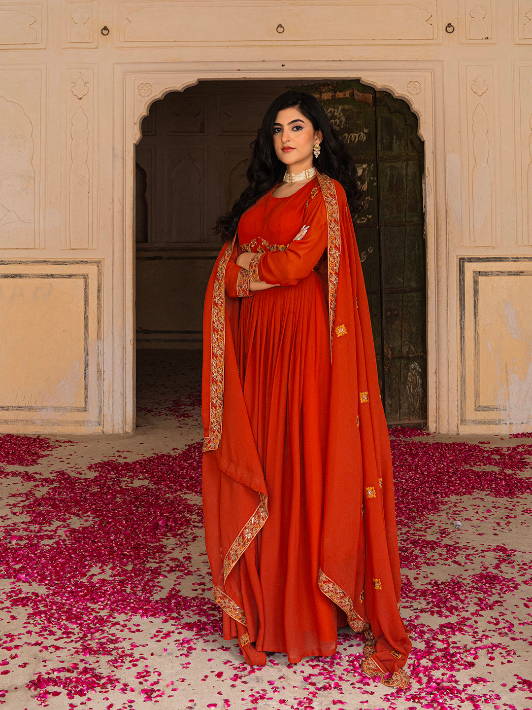 Rust Orange Anarkali Gown with Gold Embroidery and Matching Dupatta