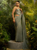 Sage Green Embroidered Saree with Designer Blouse – Elegant Party Wear Collection