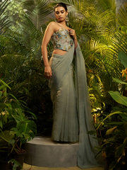 Sage Green Embroidered Saree with Designer Blouse – Elegant Party Wear Collection