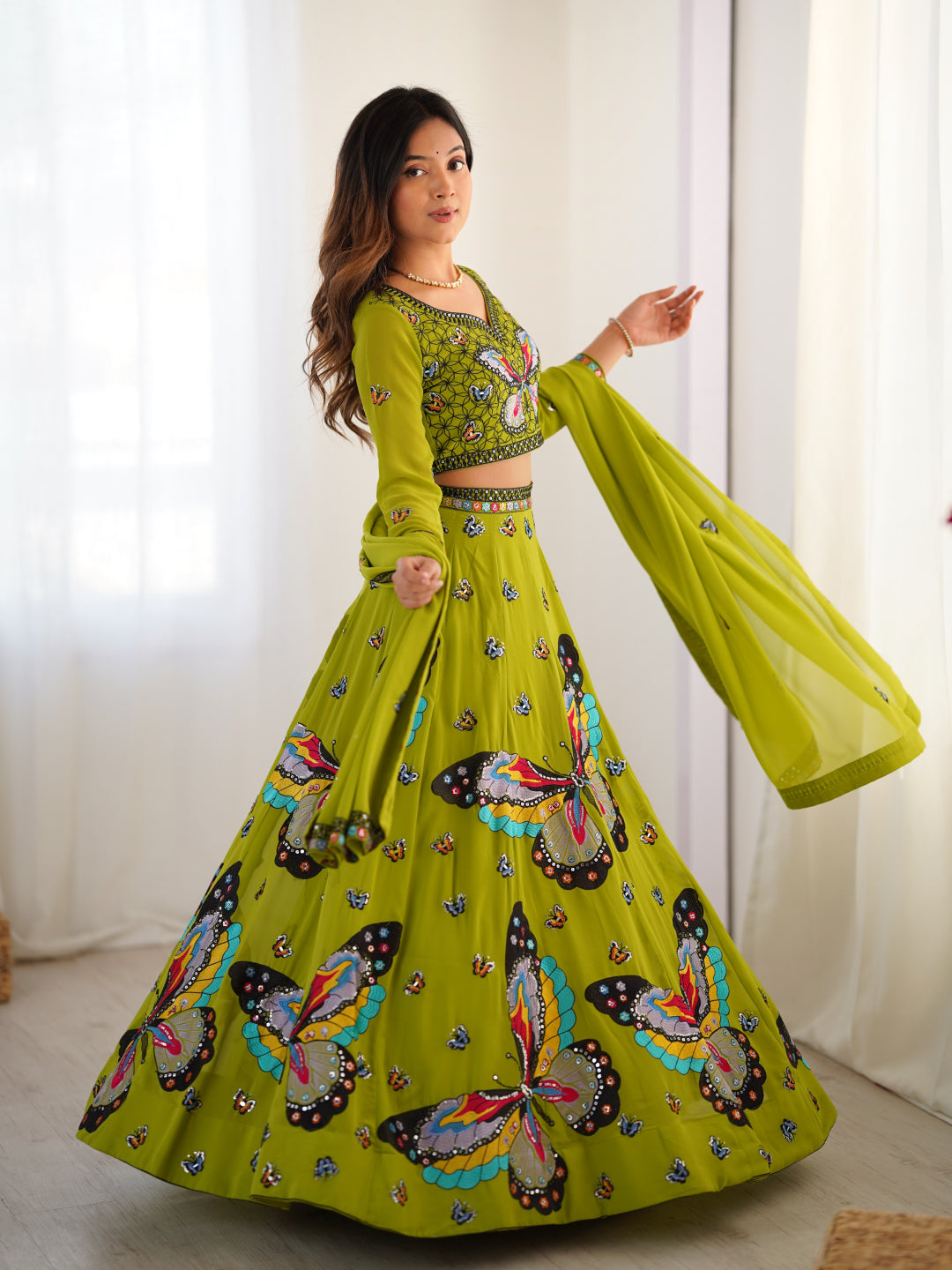 Olive Green Butterfly Print Embroidered Lehenga Choli Set