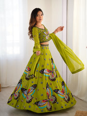 Olive Green Butterfly Print Embroidered Lehenga Choli Set