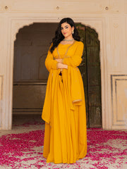 Mustard Yellow Anarkali Gown with Embroidered Waistline and Matching Dupatta